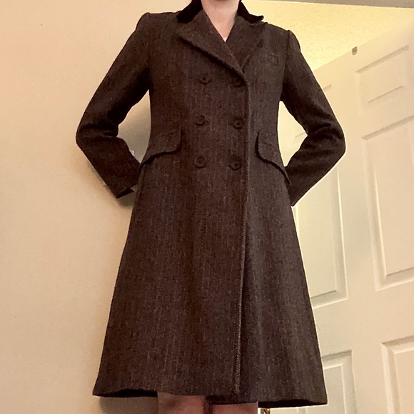 Women's Vintage Projections Wool Tweed Long Coat Jacket Burgundy Black - Picture 3 of 7